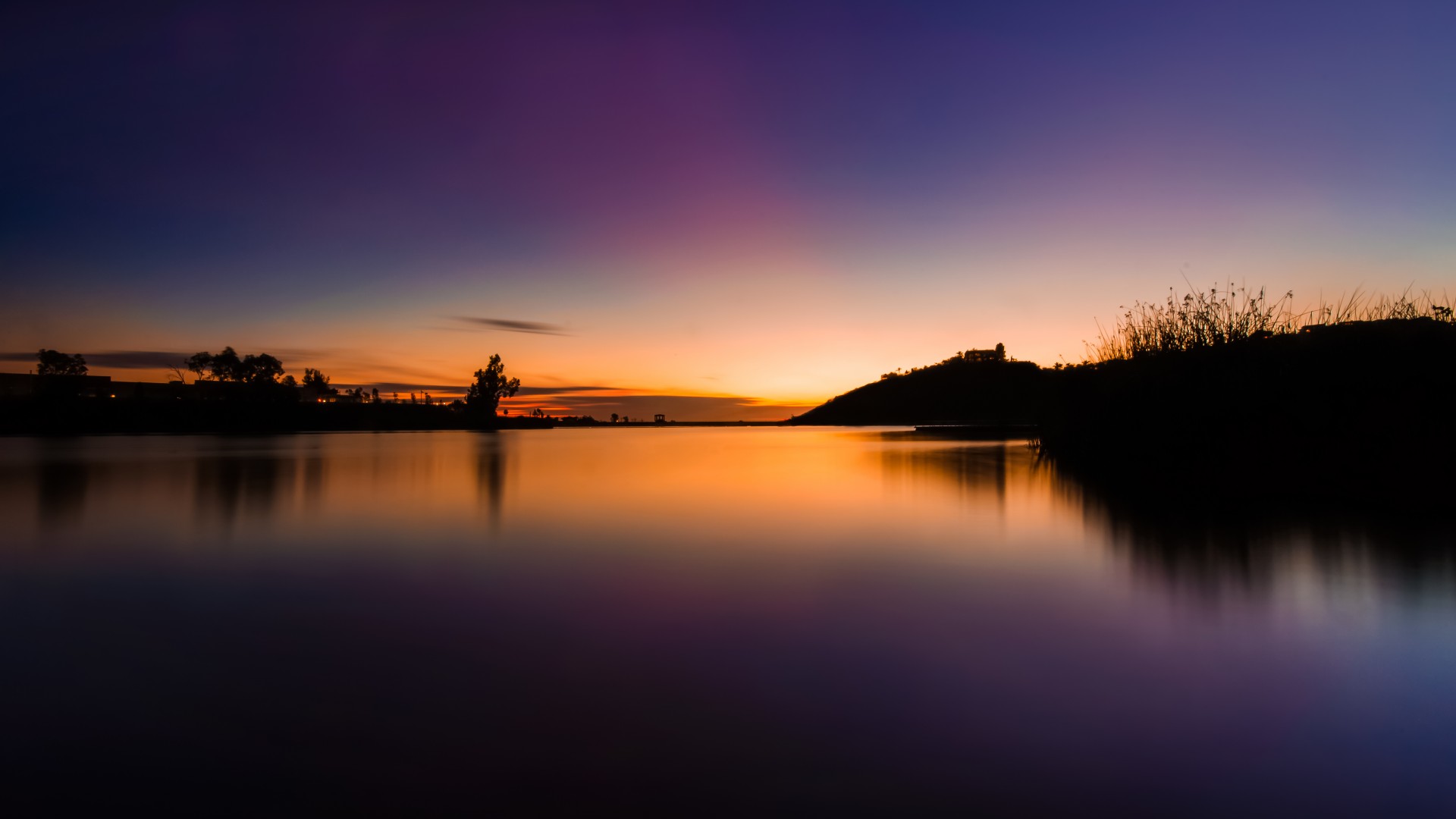 夕阳,天空,树木,湖水,风景高清壁纸