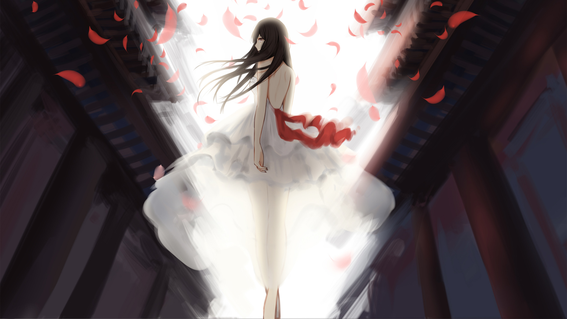 女生 白色裙子 花瓣 唯美插画高清壁纸