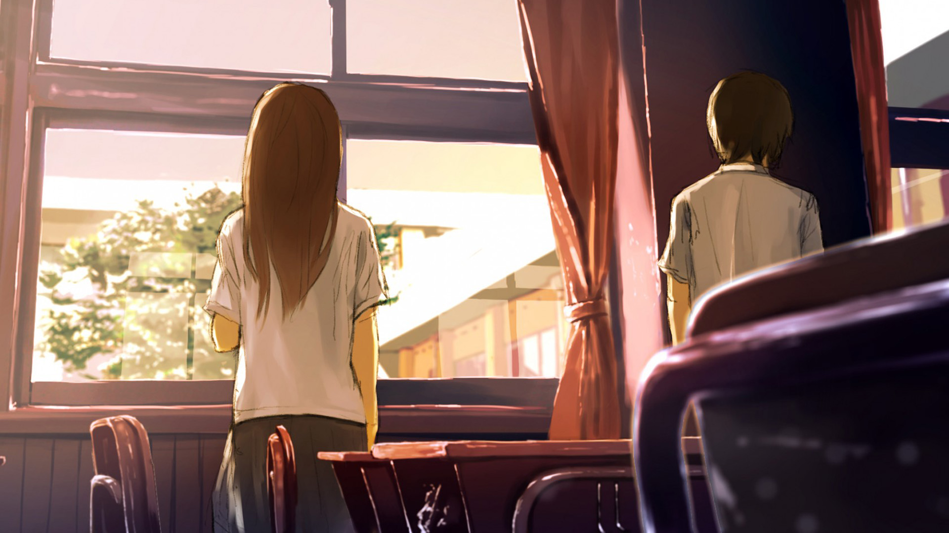 女孩,男孩,教室,动漫高清壁纸