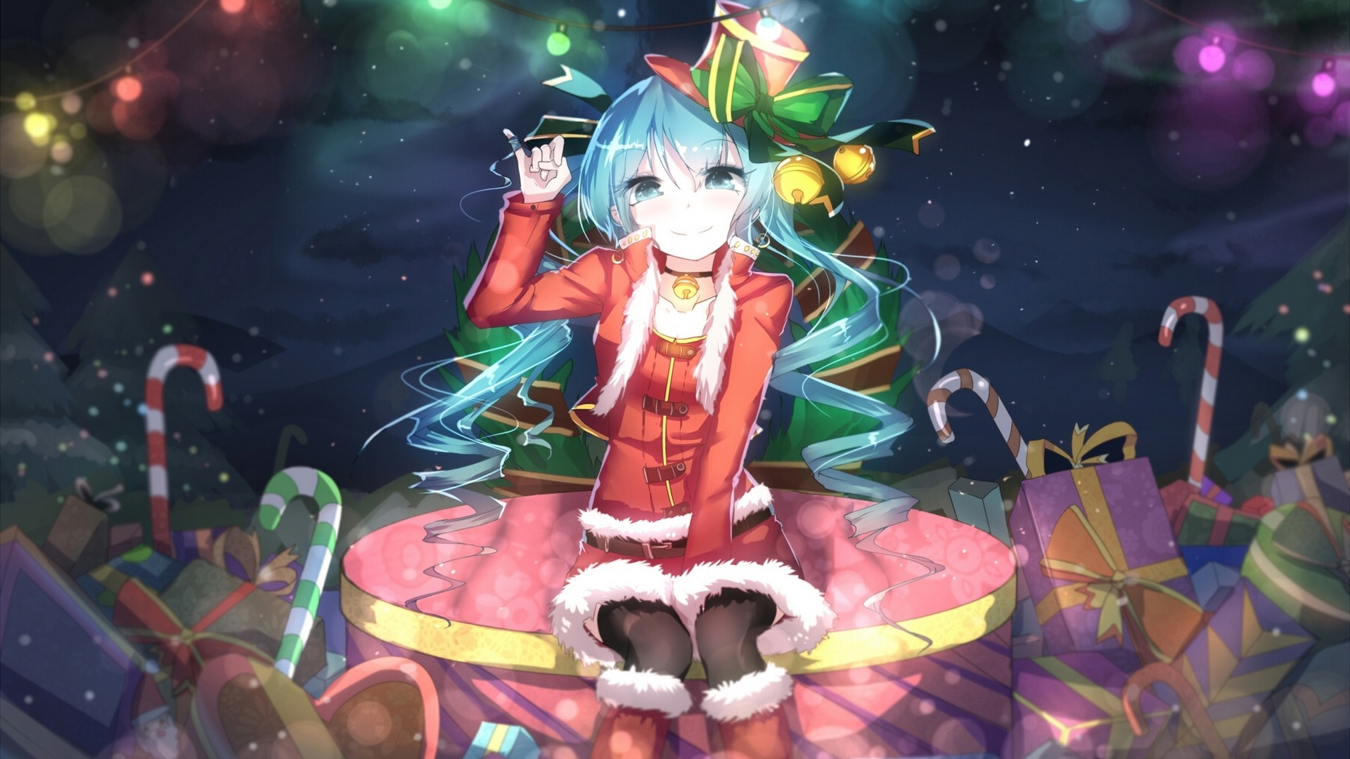 晚上，初音未来，可爱女孩，礼物，梦幻，节日快乐，动漫高清壁纸