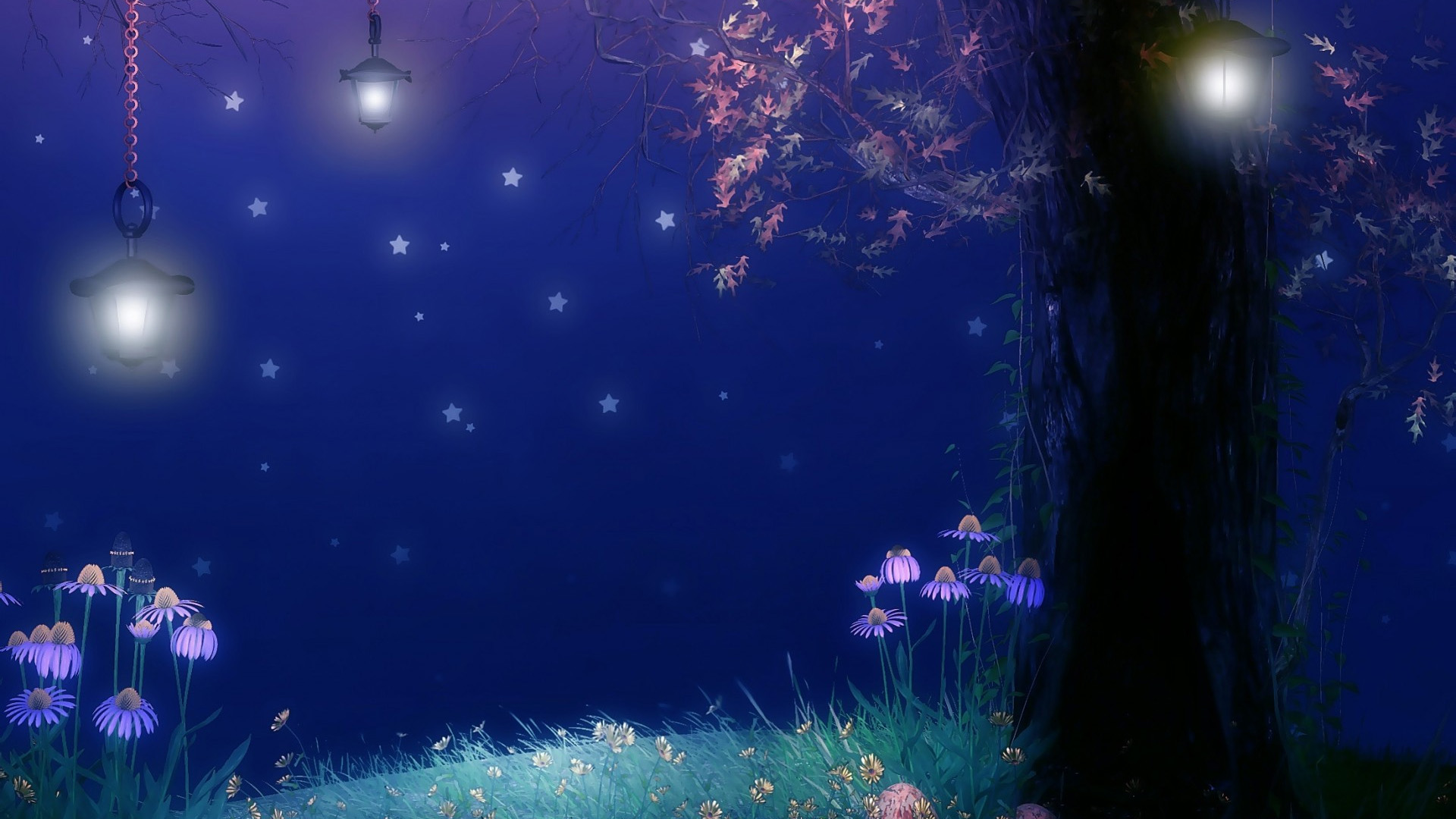 夜晚,树,灯,花,星星桌面高清壁纸