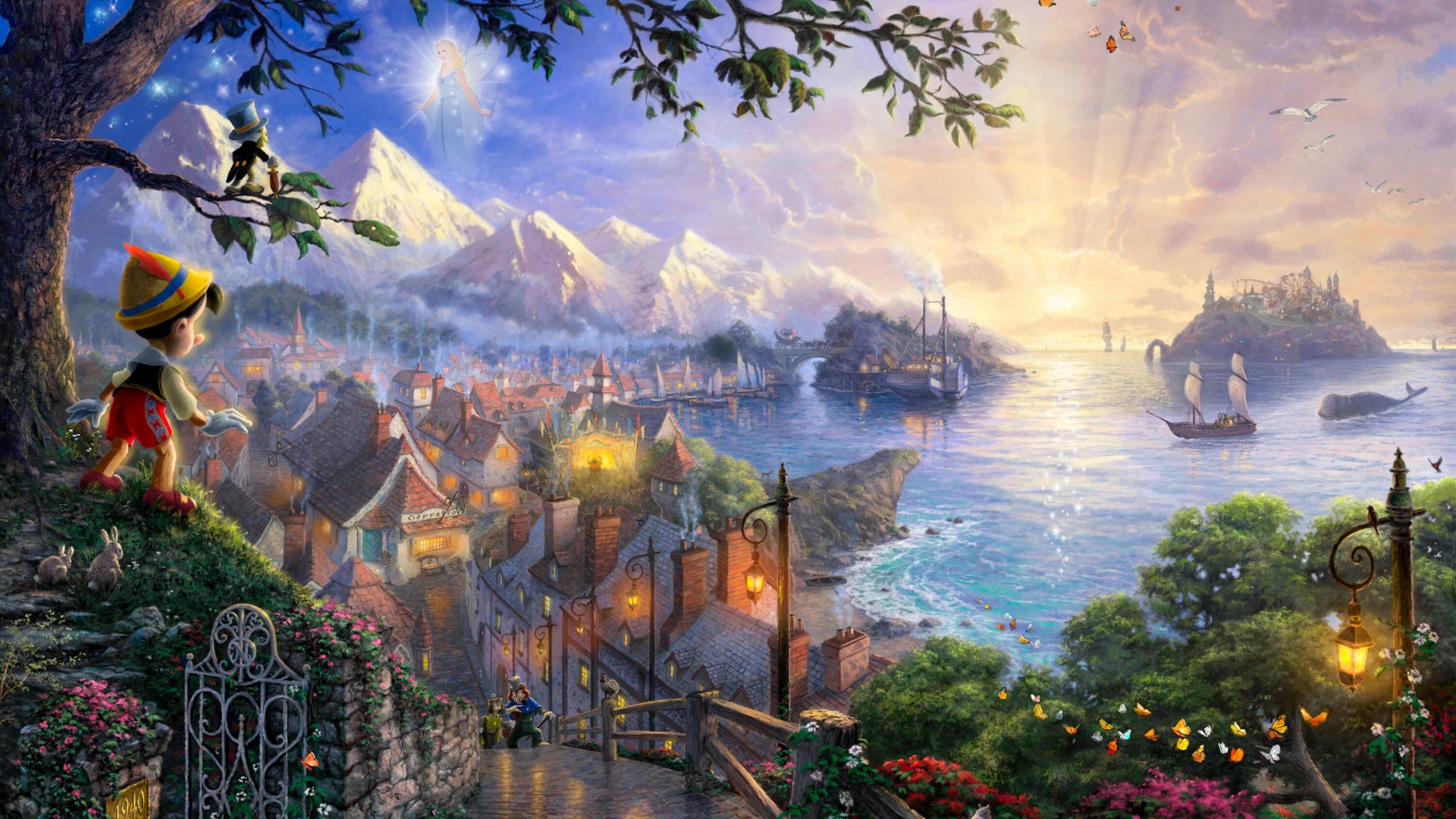 Thomas kinkade，托马斯金凯德，小男孩，山岭，海边，帆船，远方，希望，桌面高清壁纸