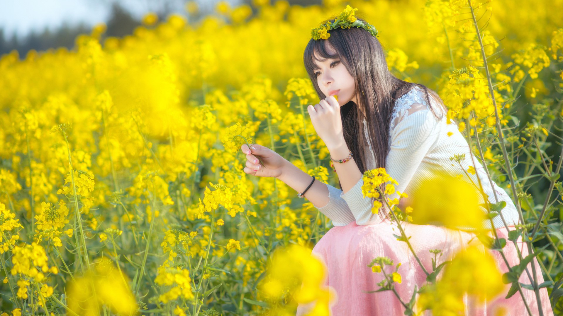 油菜花，清纯美女，长长头发，心情，花海，清纯美女写真高清壁纸