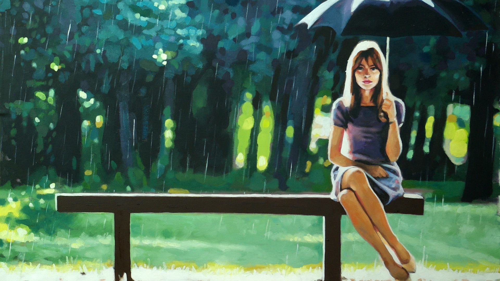 托马斯，雨，女孩，雨伞，森林，凳子，绘画，精美高清壁纸