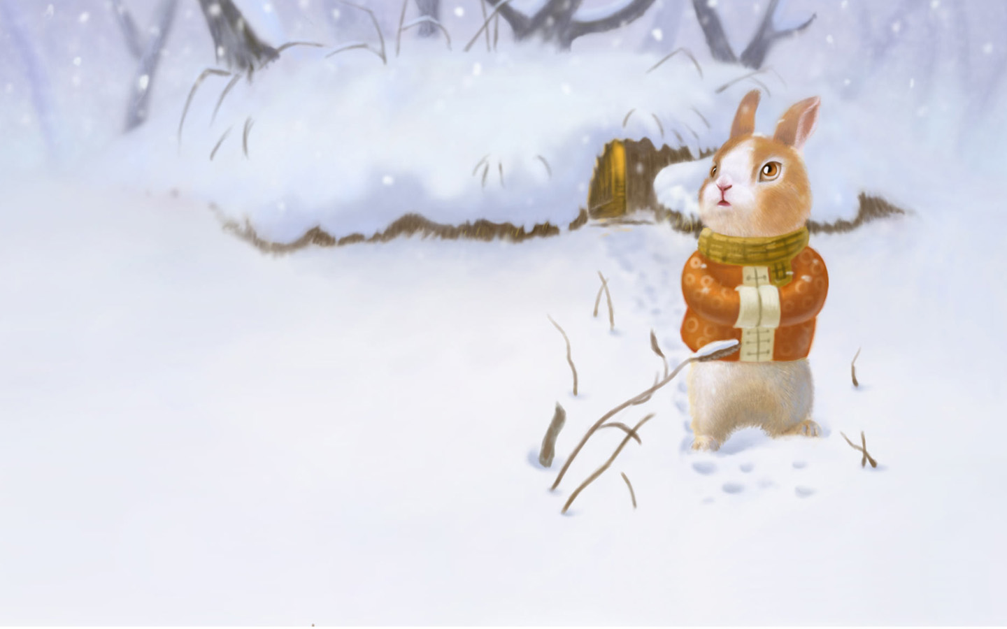 雪中等待的兔子高清壁纸