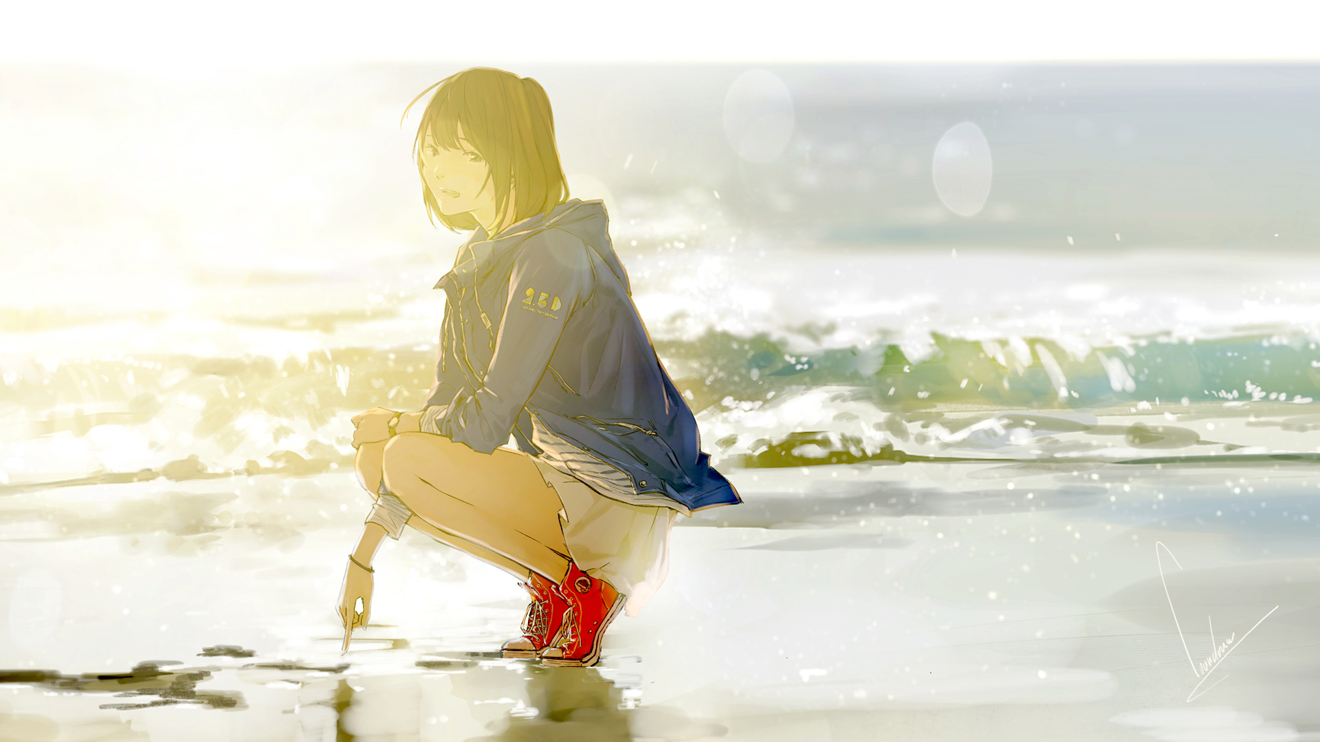 海边沙滩可爱的动漫女生桌面高清壁纸