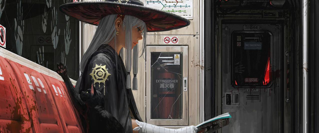 白发魔女 黑猫 地铁 绷带 书 5K精选动漫高清壁纸