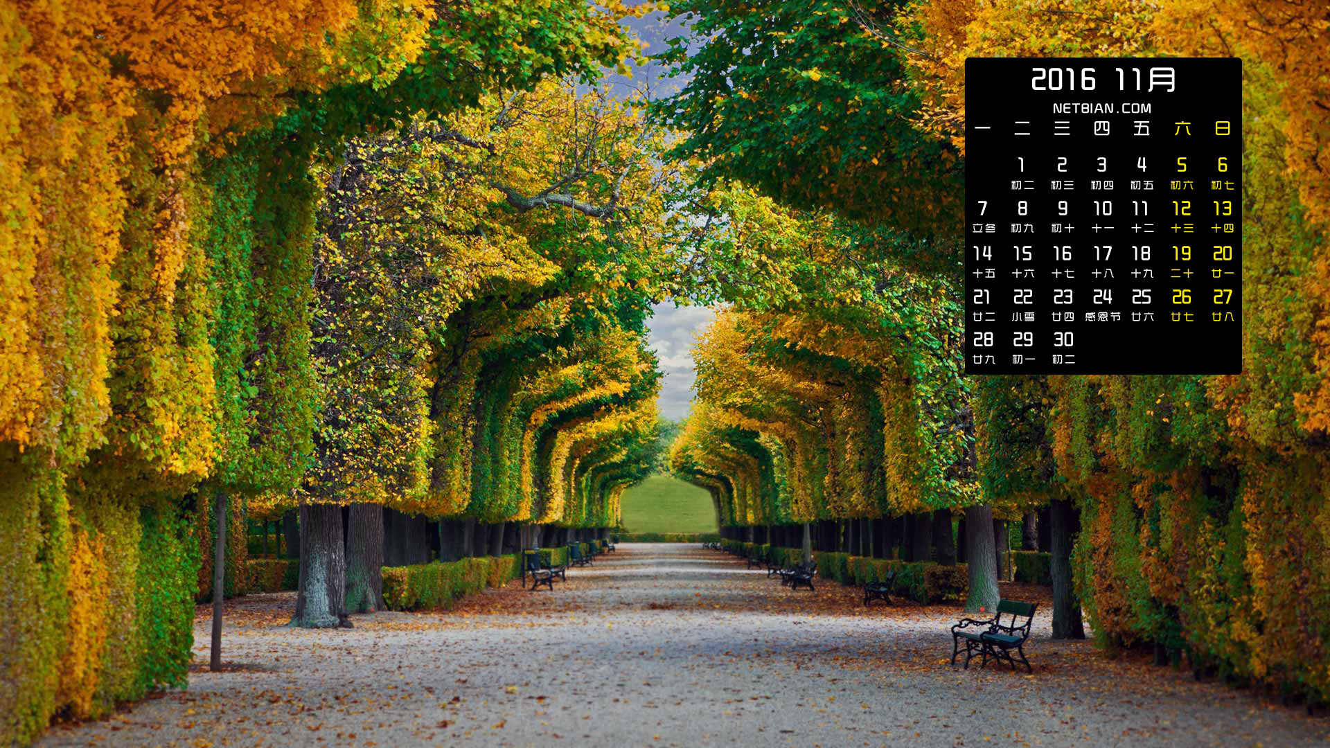 秋天花园树木风景2016年11月日历桌面高清壁纸