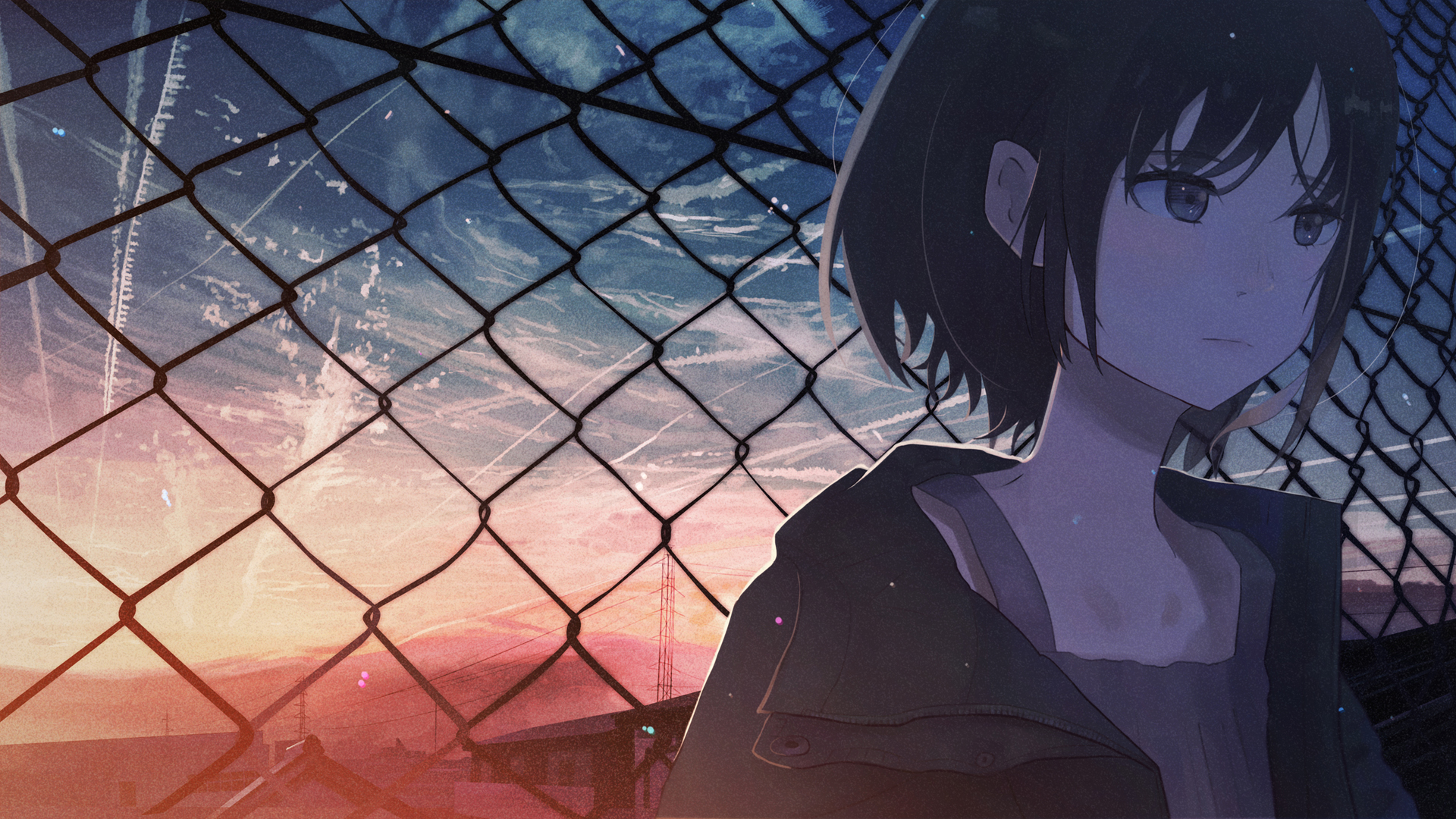 短发女孩 栅栏 天空 夕阳 2k动漫高清壁纸