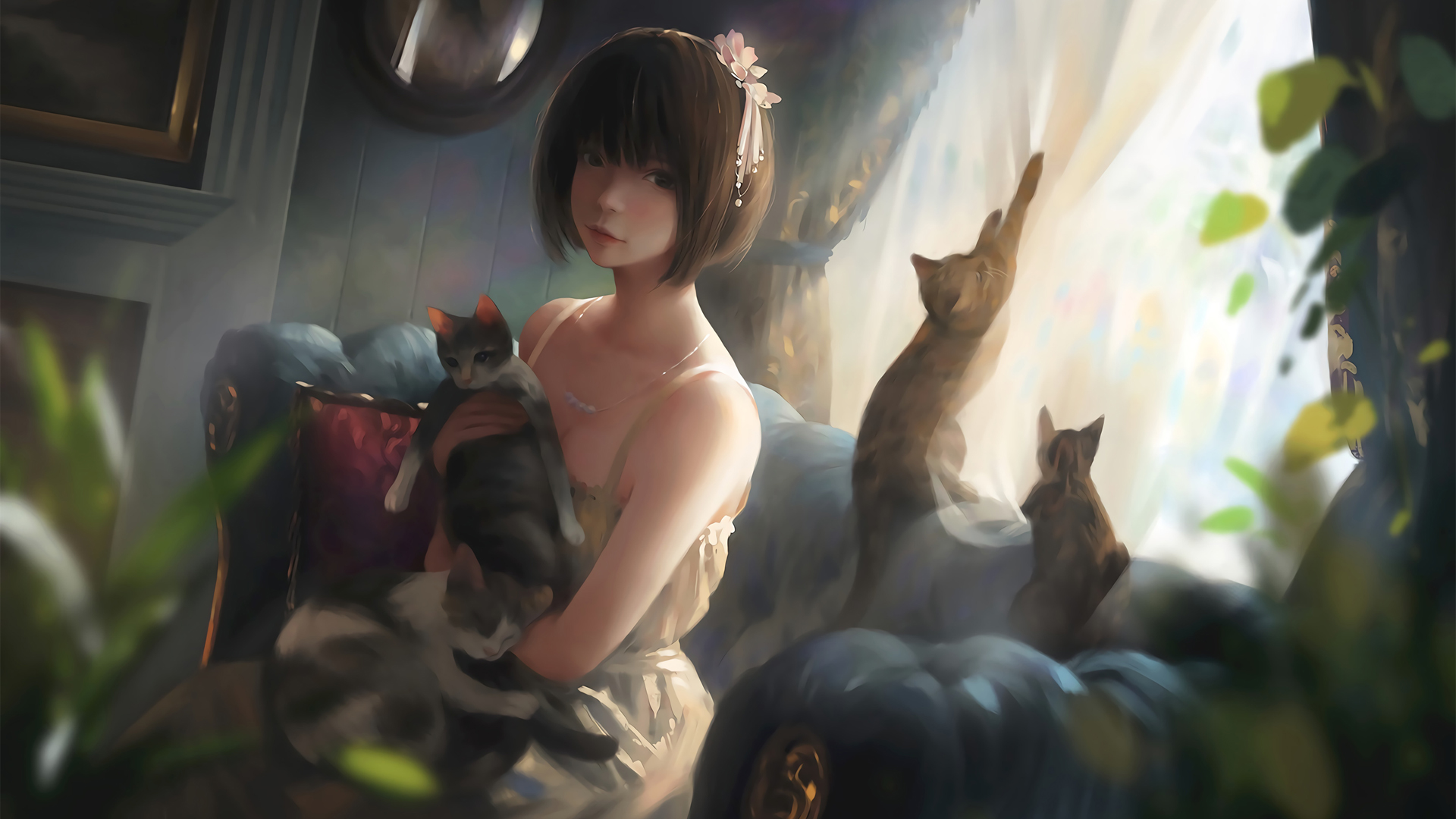 短发女孩 裙子 露肩 房间  猫 唯美好看动漫高清壁纸