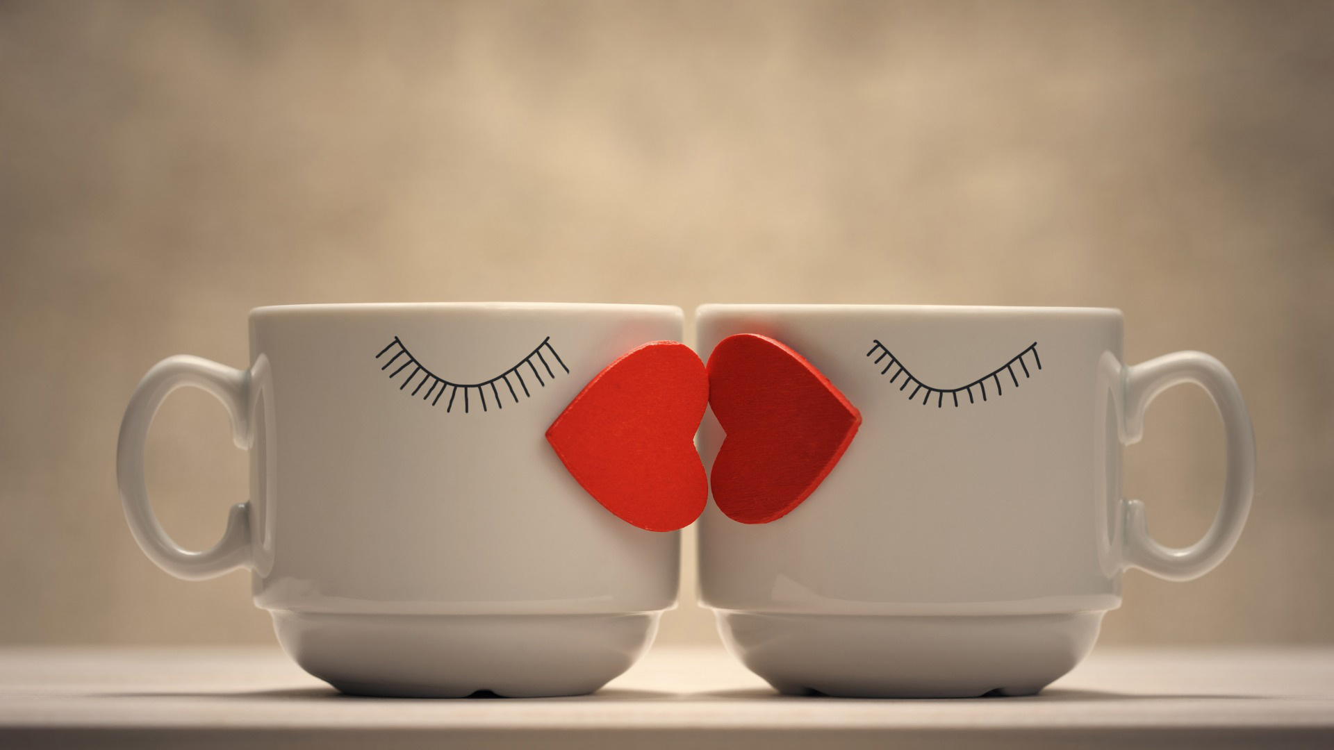 心情，二个，咖啡杯，接吻，可爱，害羞，桌面高清壁纸