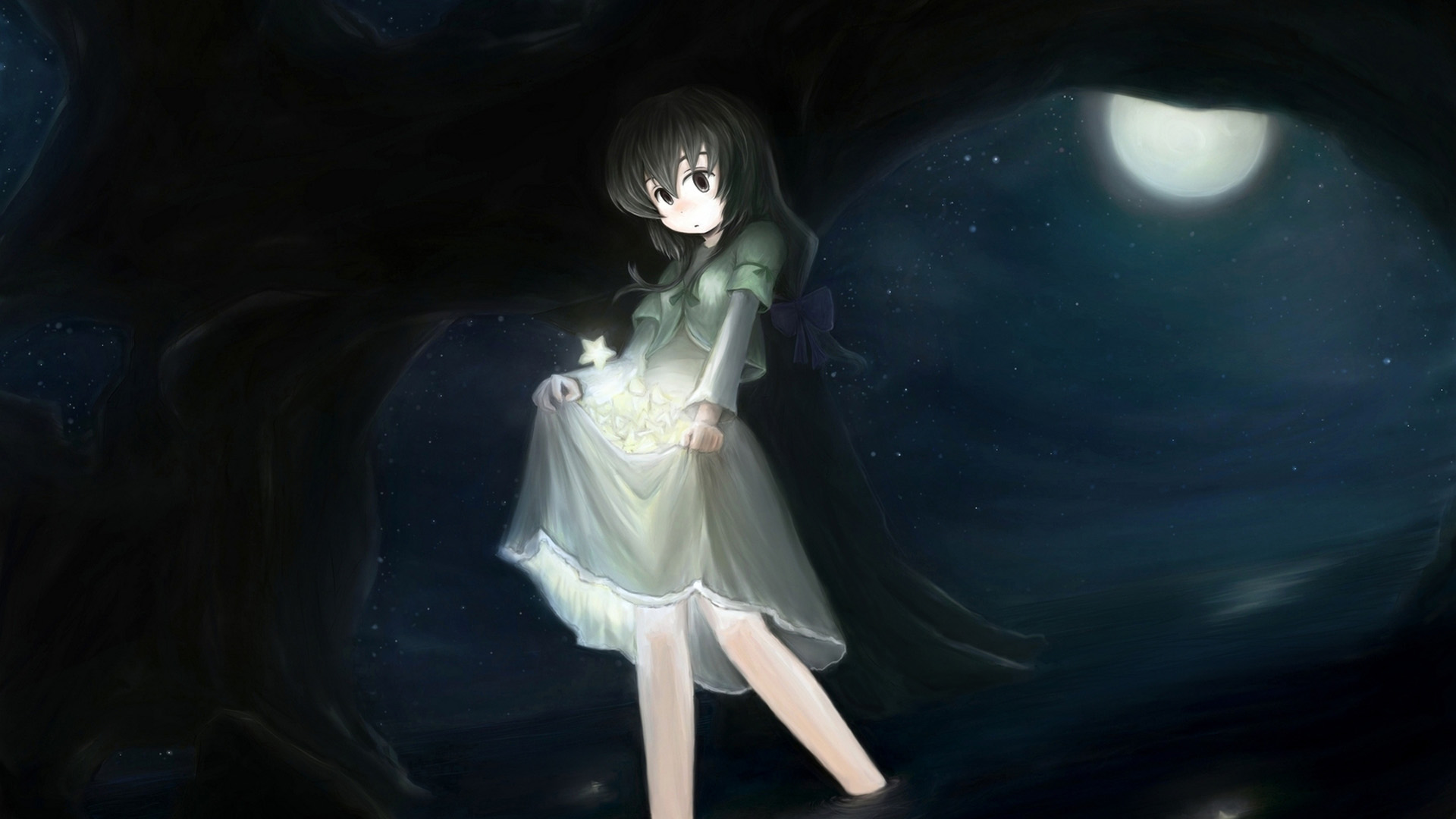 晚上月亮女孩星愿桌面高清壁纸