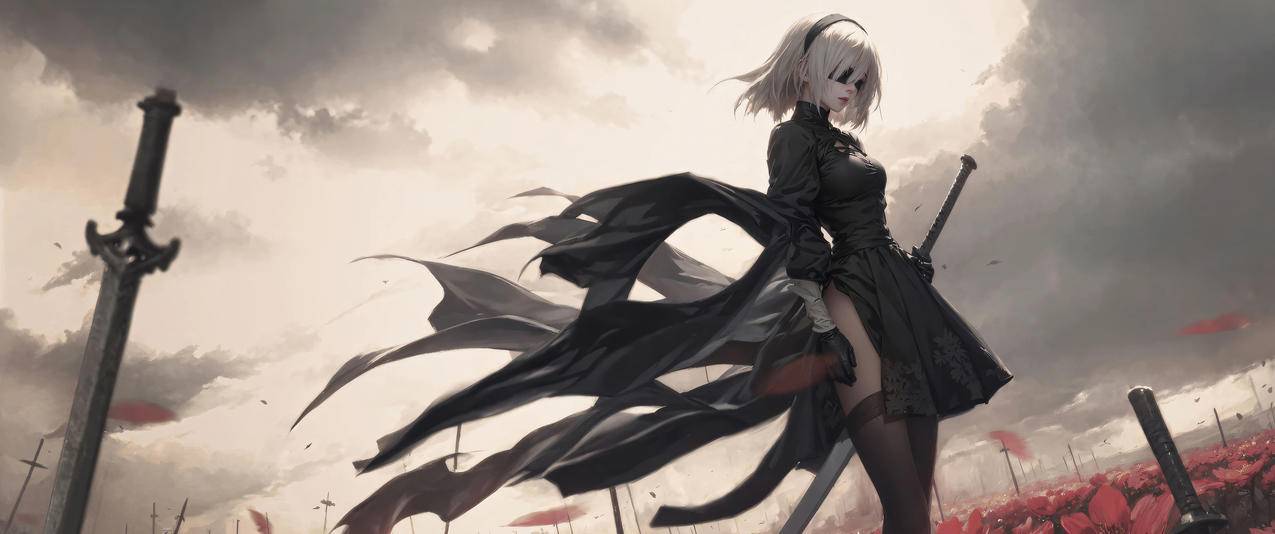 尼尔机械纪元2B 黑色裙子 剑 红色花朵 3440x1440带鱼屏高清壁纸