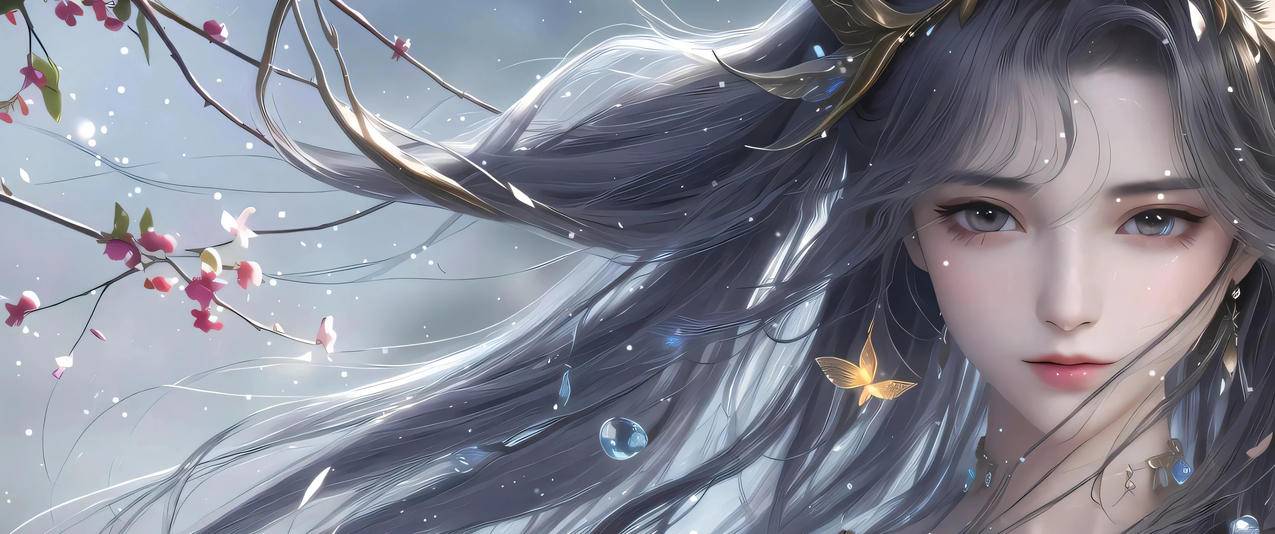 唯美古风美女长发 花 3440x1440带鱼屏高清壁纸