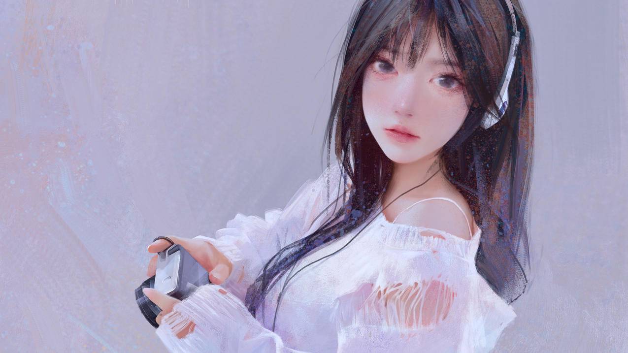 白毛衣 长发少女 听音乐 4k动漫高清壁纸背景图