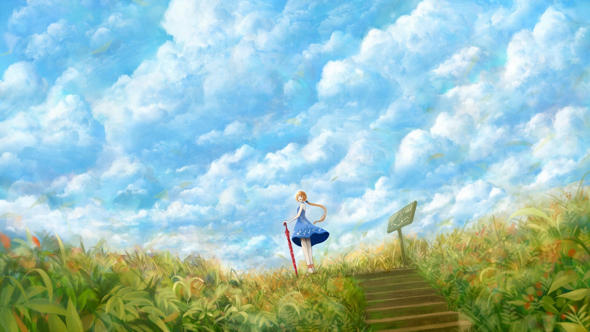 女孩，花场，天空，云朵，唯美动漫少女高清壁纸