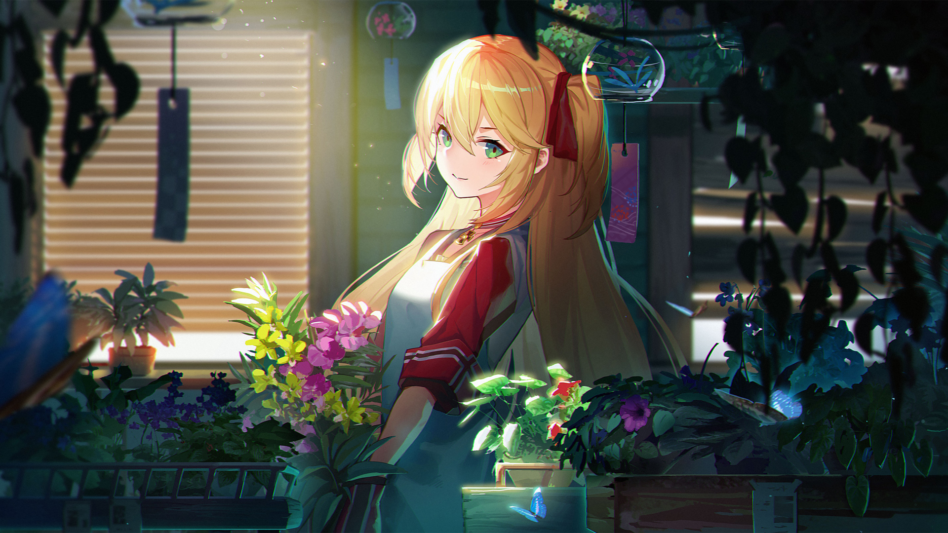 绿眼睛少女 黄发 红丝带动漫高清壁纸