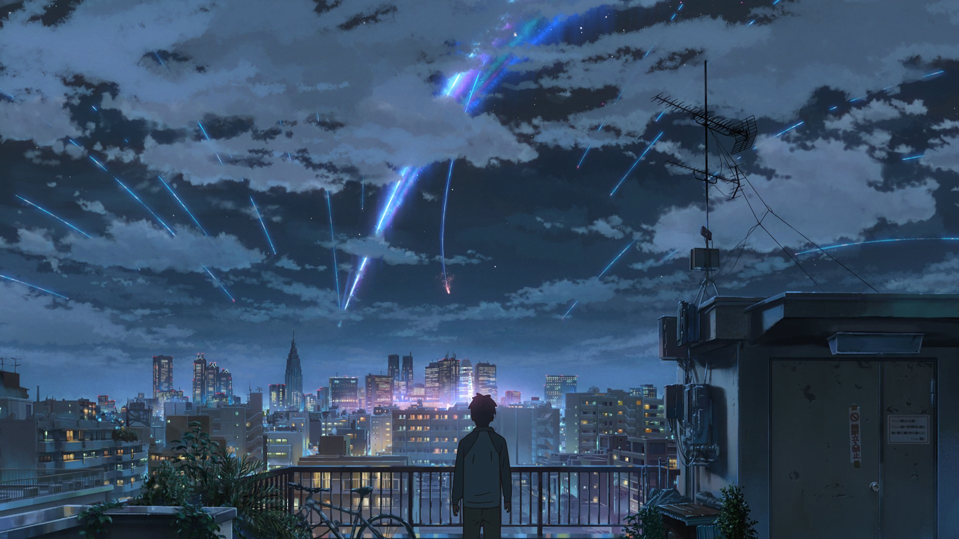 屋顶,天空,夜晚,城市,你的名字2K动漫桌面高清壁纸