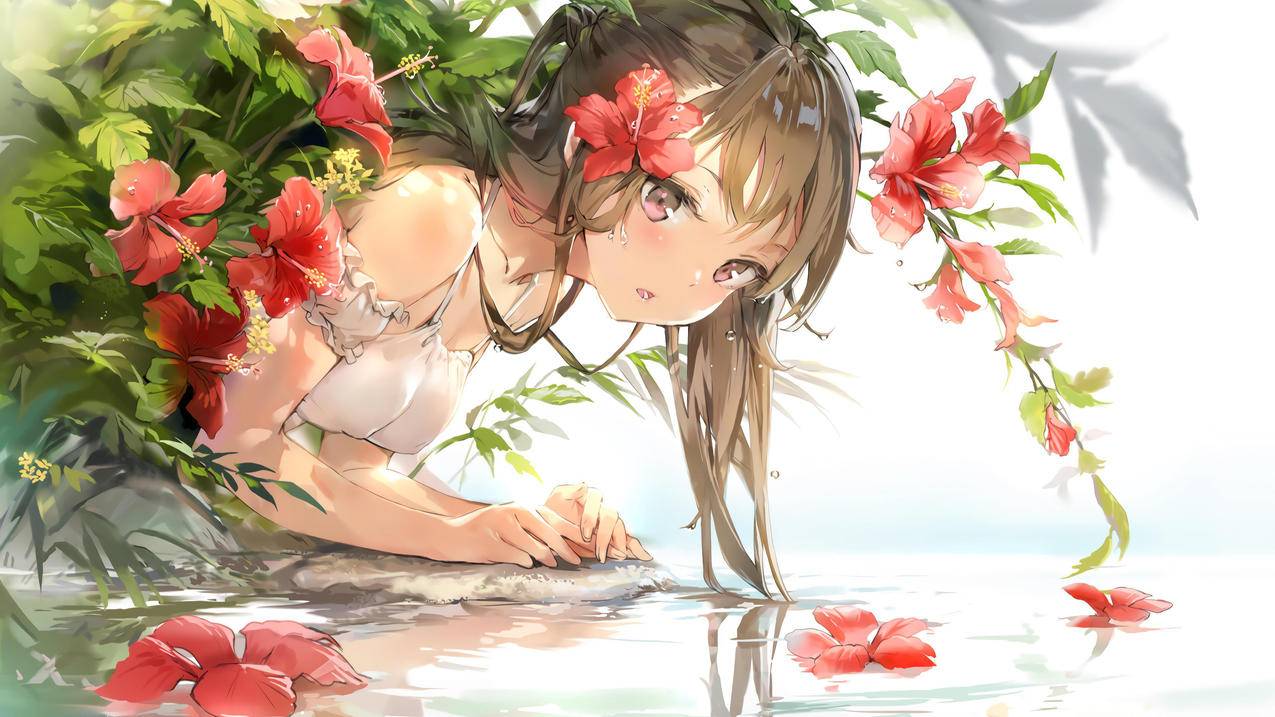 花 植被 女孩 湖水 4K精选动漫高清壁纸