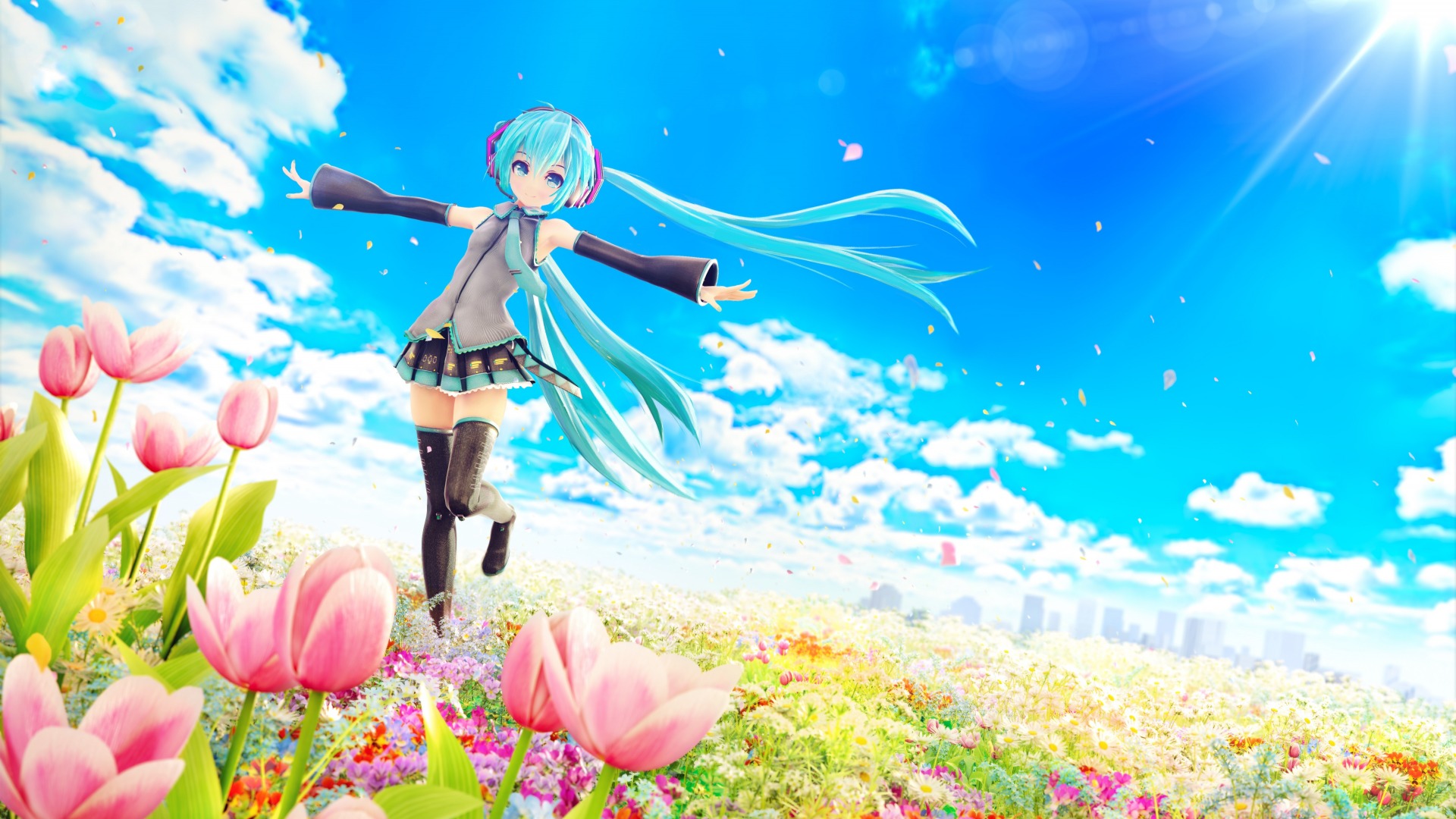 初音未来，VOCALOID，花海，蓝色天空，动漫女孩图片，高清壁纸