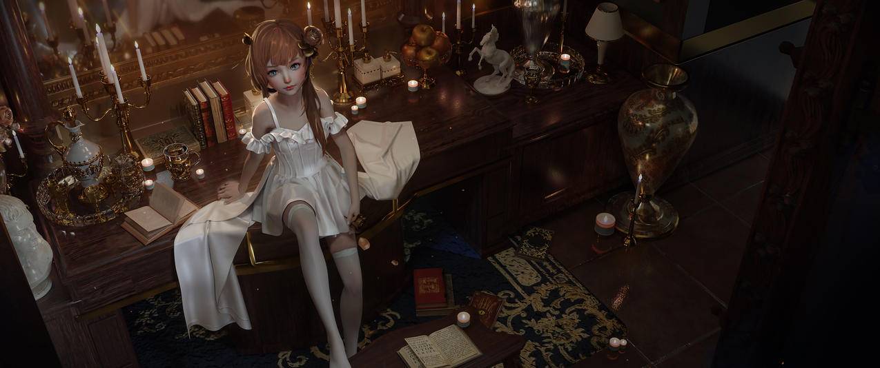 3d少女 坐在桌子上的女孩 白色裙子 白色裤袜 房间 蜡烛 书本3440x1440带鱼屏高清壁纸