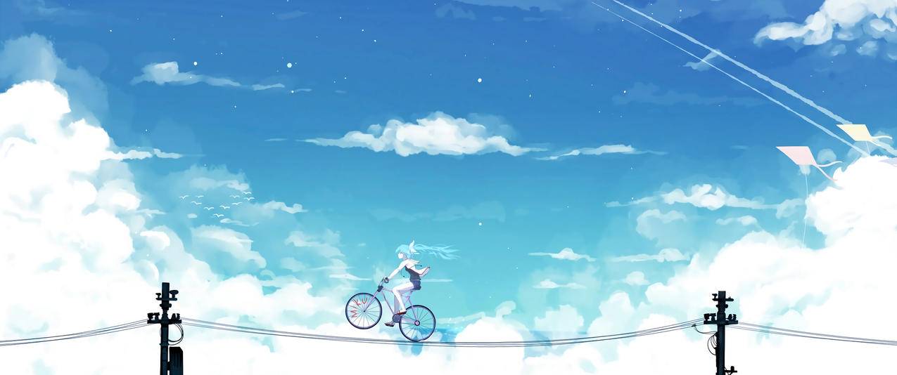初音未来miku天空电线单车唯美带鱼屏高清壁纸