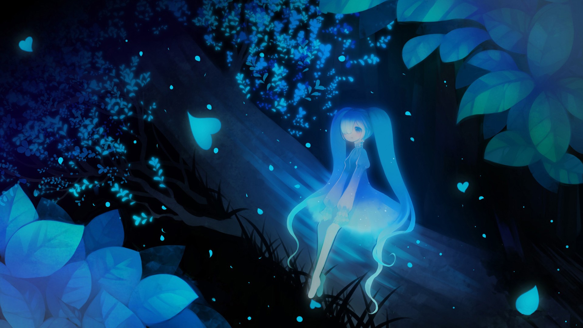初音未来,夜晚,森林,浪漫唯美动漫高清壁纸
