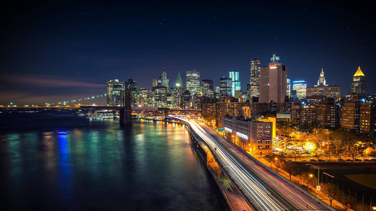 曼哈顿大桥夜晚风景4k高清壁纸