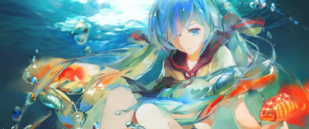 初音未来VOCALOID水下金鱼唯美带鱼屏高清壁纸