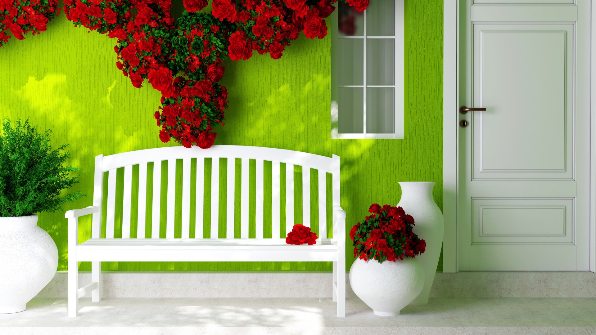 门,窗,板凳,鲜花,绿色背景墙,温馨家居桌面高清壁纸