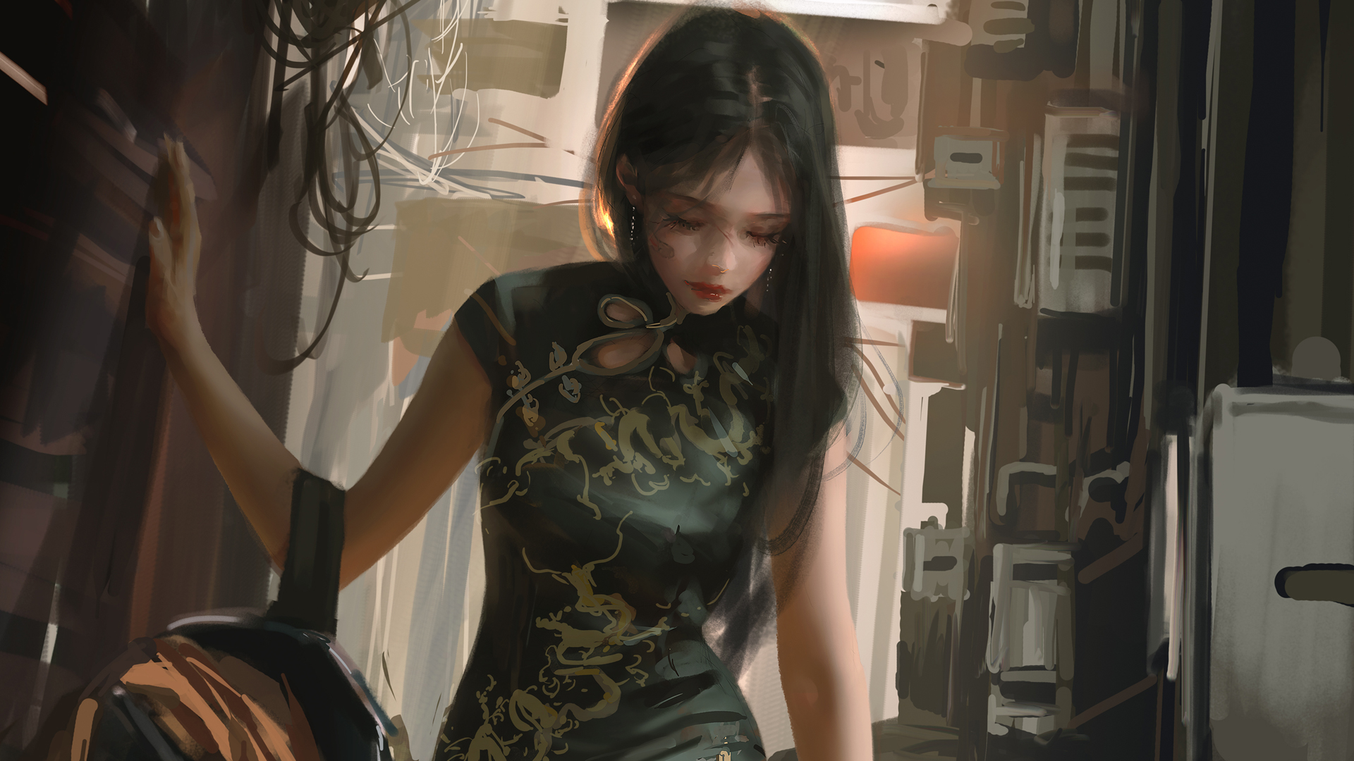 好看旗袍美女 厚涂画风 街道 动漫美女高清壁纸