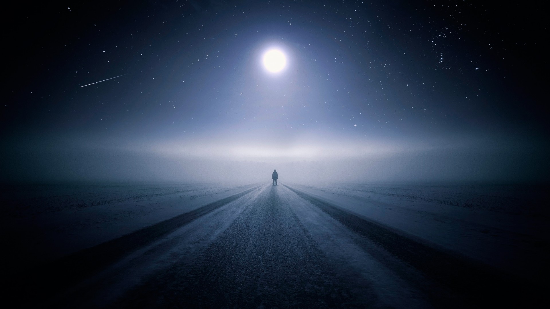 夜晚,一个人,路,月亮,星星,桌面高清壁纸