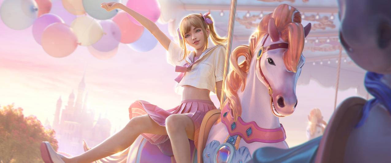 晴雅 水手服 粉色百褶裙 旋转木马 穿越火线3440x1440带鱼屏高清壁纸