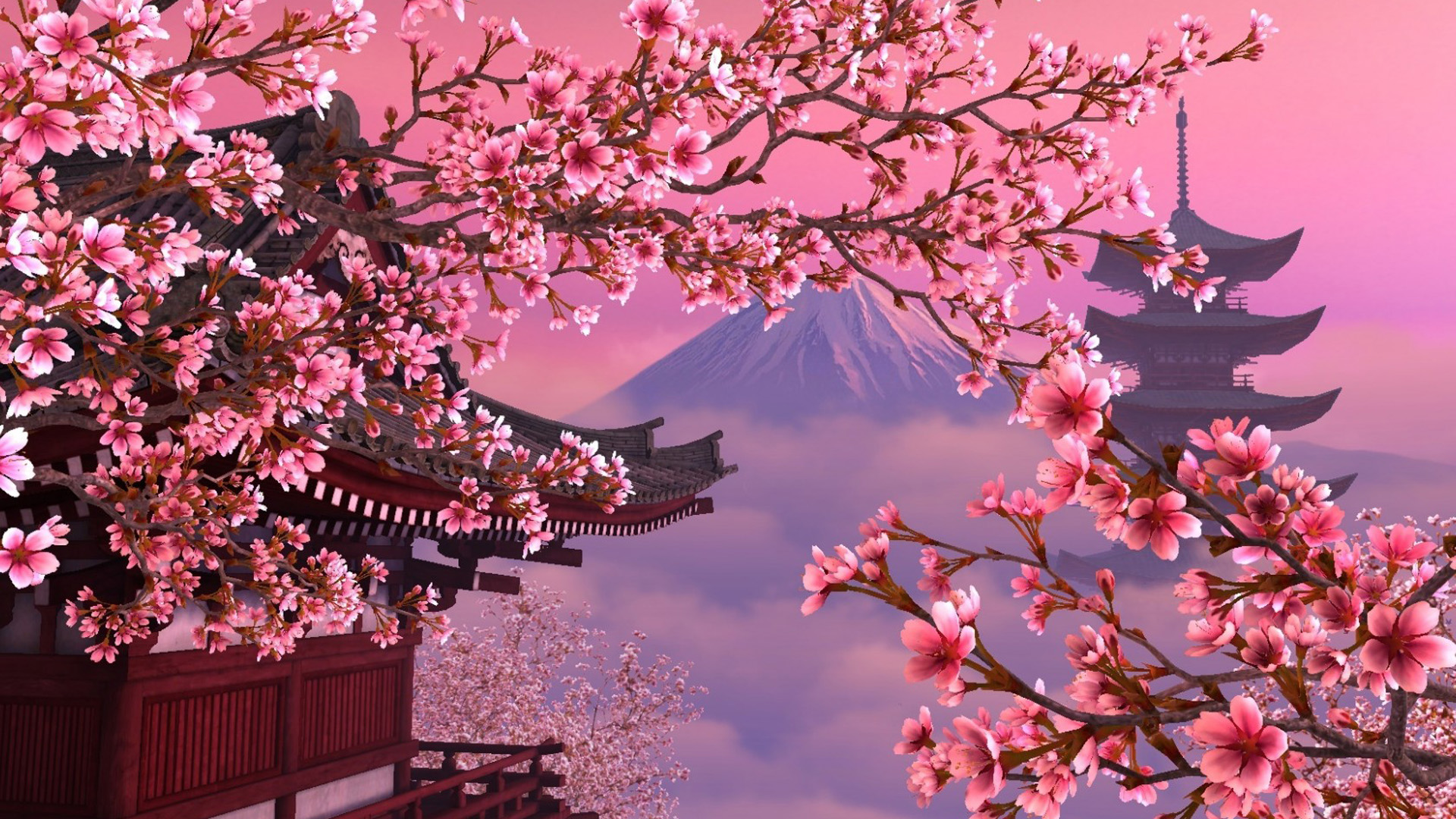 美丽的粉红色樱花,富士山桌面高清壁纸