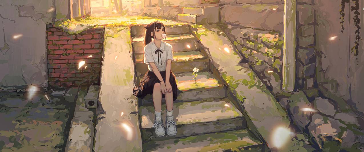可爱女孩坐在小巷台阶上 苔藓 小花 3440x1440带鱼屏高清壁纸
