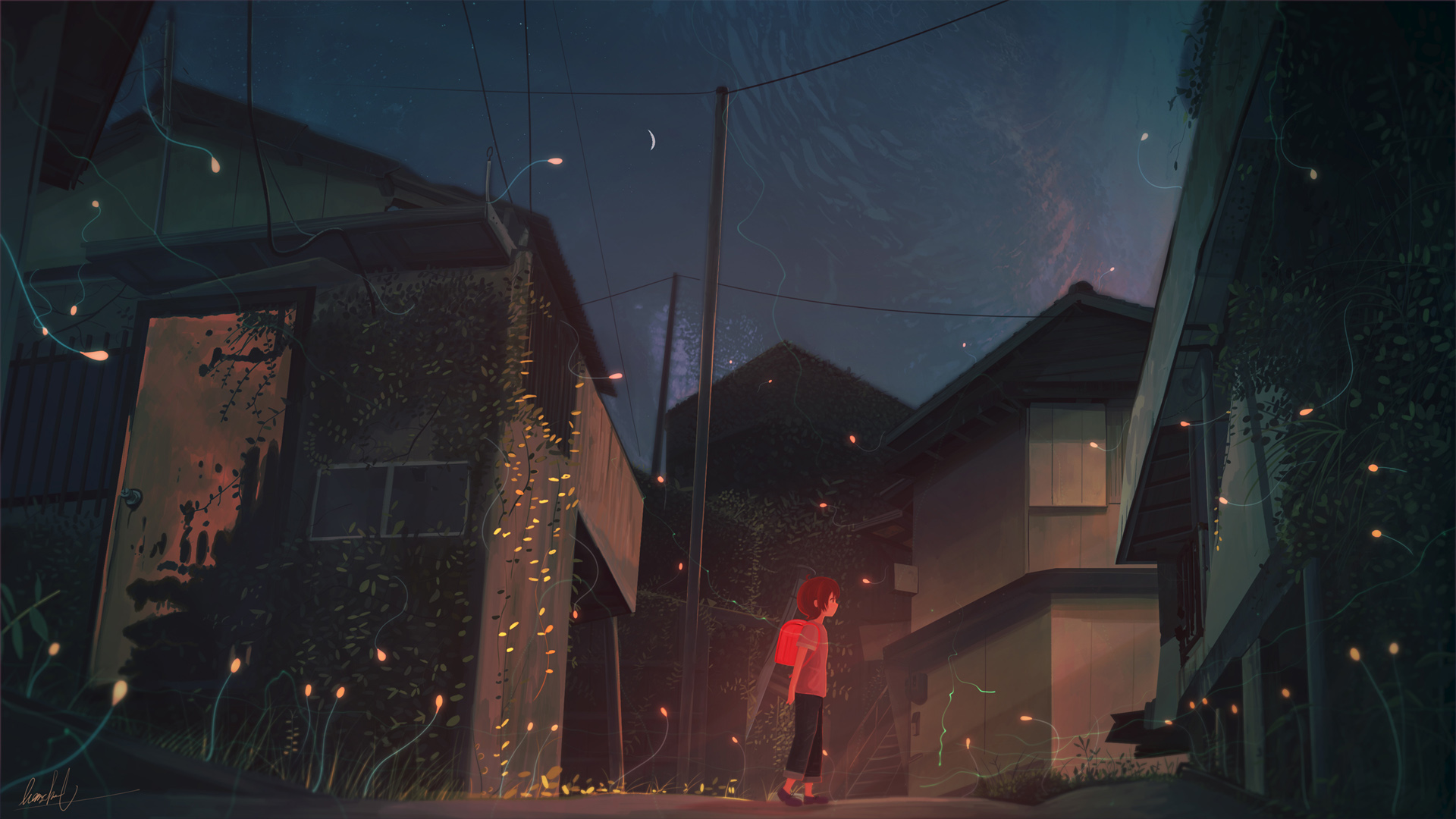 夜路 小女孩 房屋 动漫高清壁纸