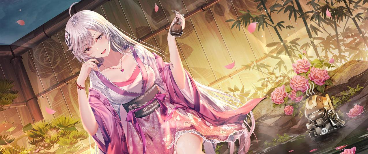 室内澡堂 浴池 花瓣 动漫美女3440x1440带鱼屏高清壁纸