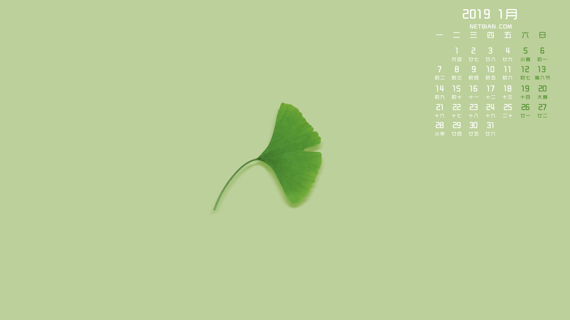 幸运叶2019年1月日历桌面高清壁纸护眼