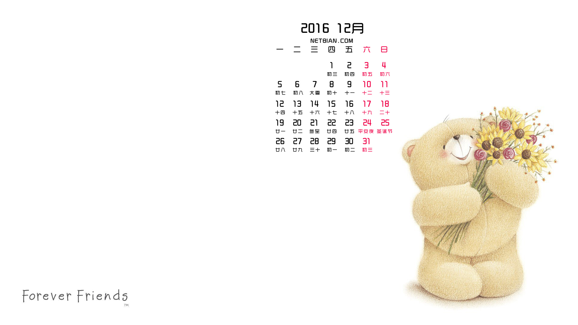泰迪熊鲜花2016年12月日历桌面高清壁纸