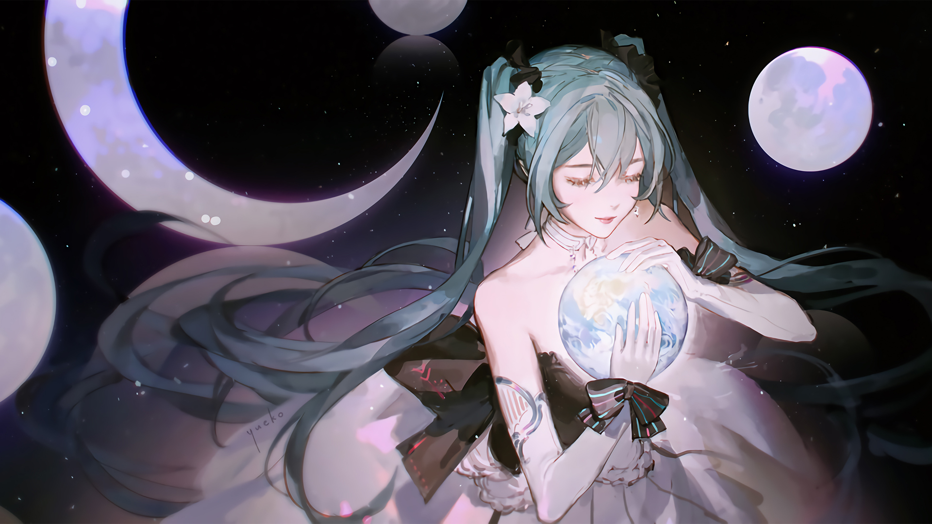 初音未来 女神 水晶球 月亮 唯美动漫高清壁纸