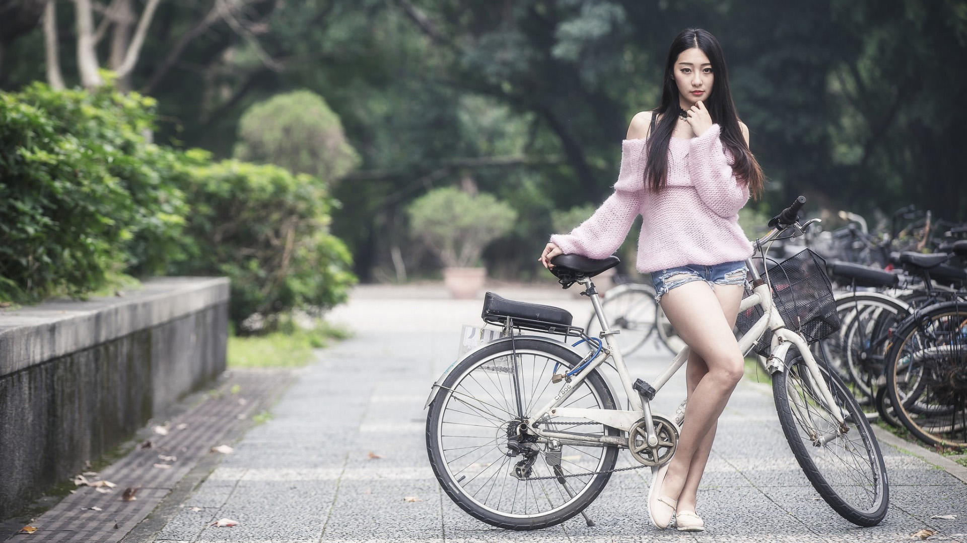 长女美女,粉色毛衣,牛仔短裤,自行车,街道,大学校园美女桌面高清壁纸