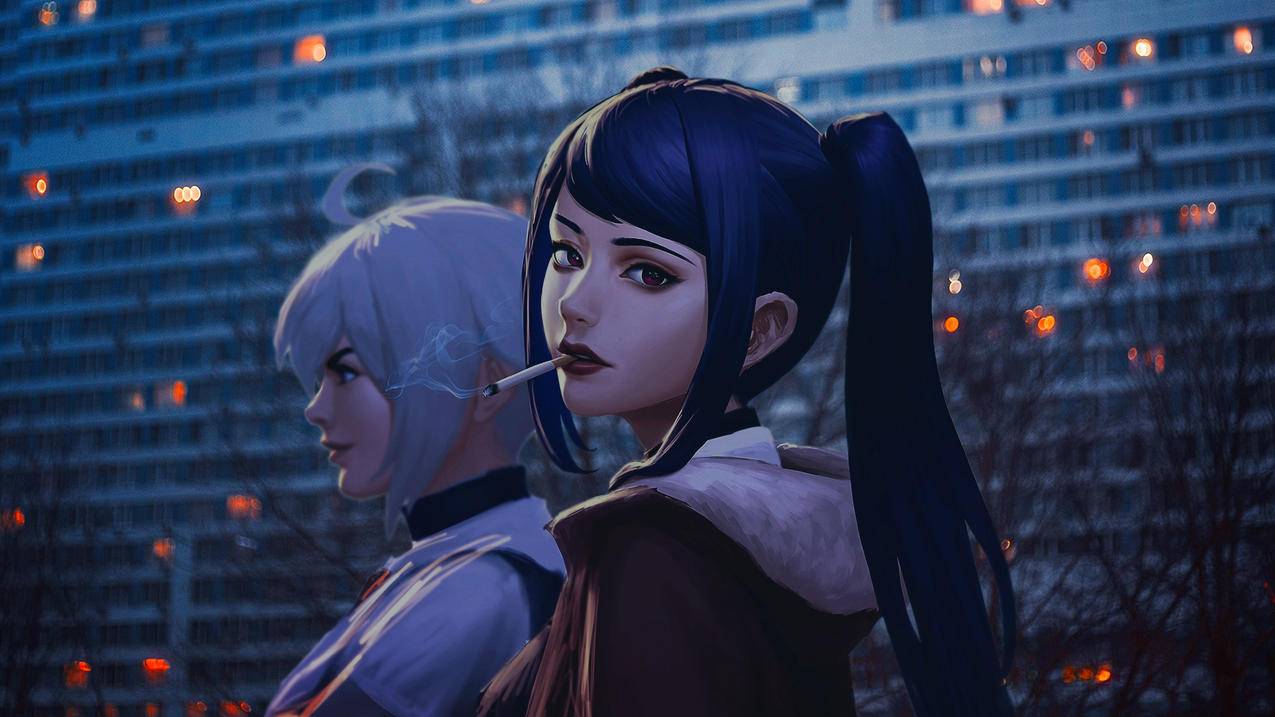 夜晚 高楼 灯光 树 双马尾女孩 白色短发女孩 烟 4K精选动漫高清壁纸