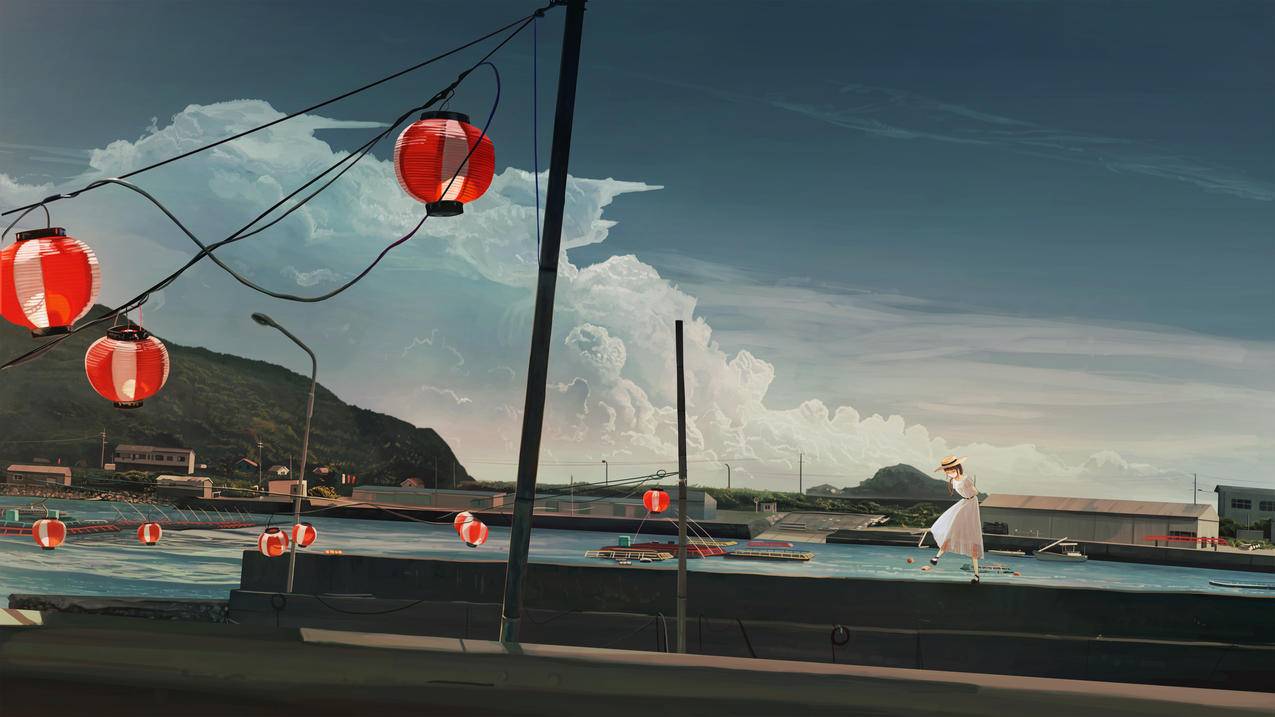少女 聆听夏日 黄昏 插画 4k动漫风景高清壁纸