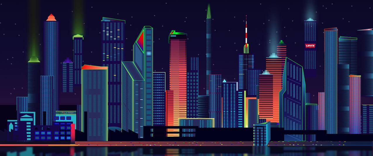 城市夜景全景矢量带鱼屏高清壁纸
