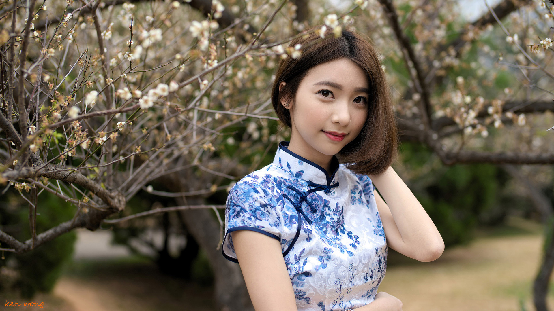 刘子涵,美丽的短发,旗袍,清新美女高清壁纸