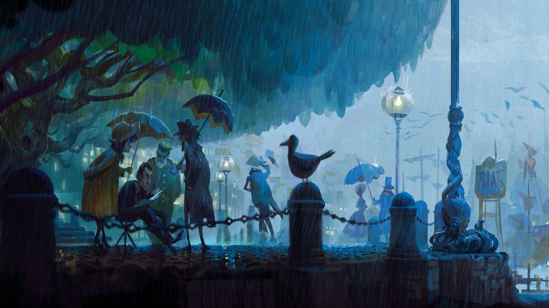 街头绘画,晚上,公园,手电筒,雨,艺术高清壁纸