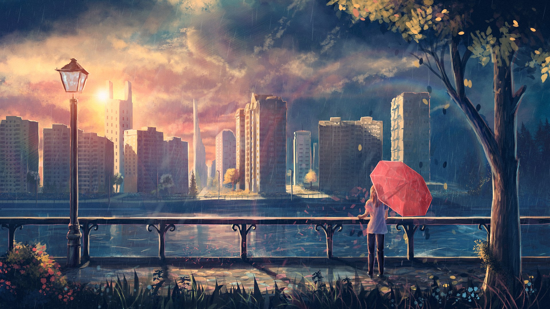 城市，女孩，心情，雨伞，河边，精美绘画桌面高清壁纸