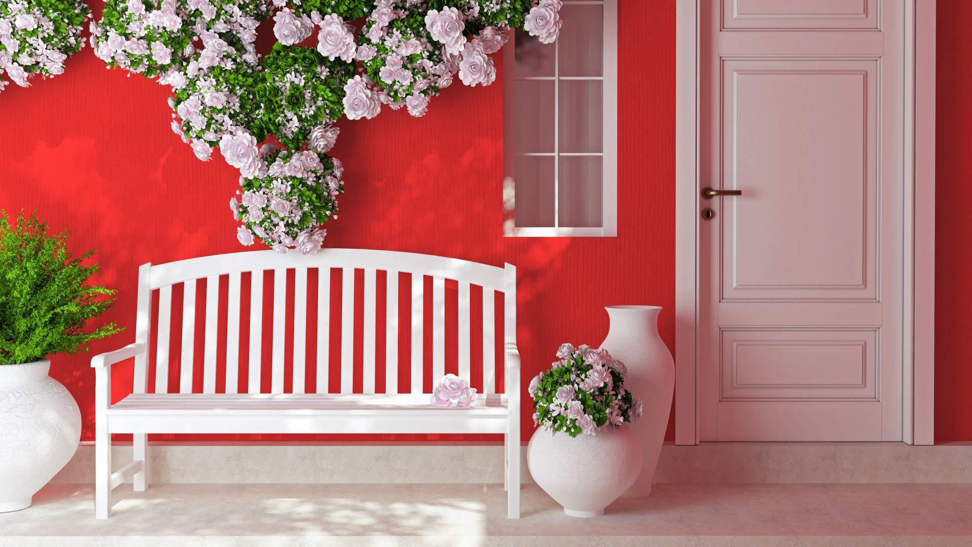 店,鲜花,花瓶,门,椅子,粉色背景墙,桌面高清壁纸