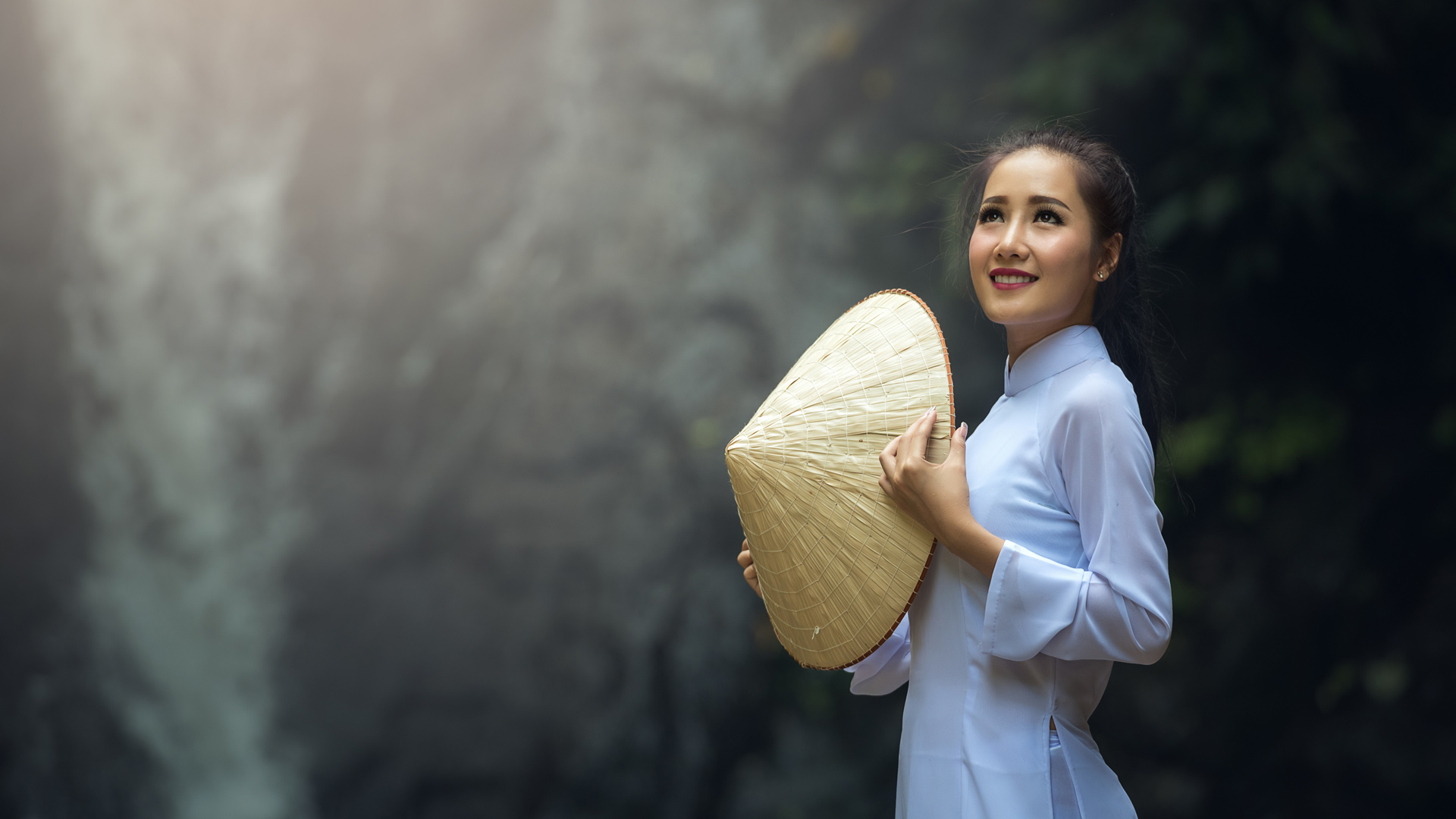 漂亮美女 白色衣服 斗笠 美女桌面高清壁纸