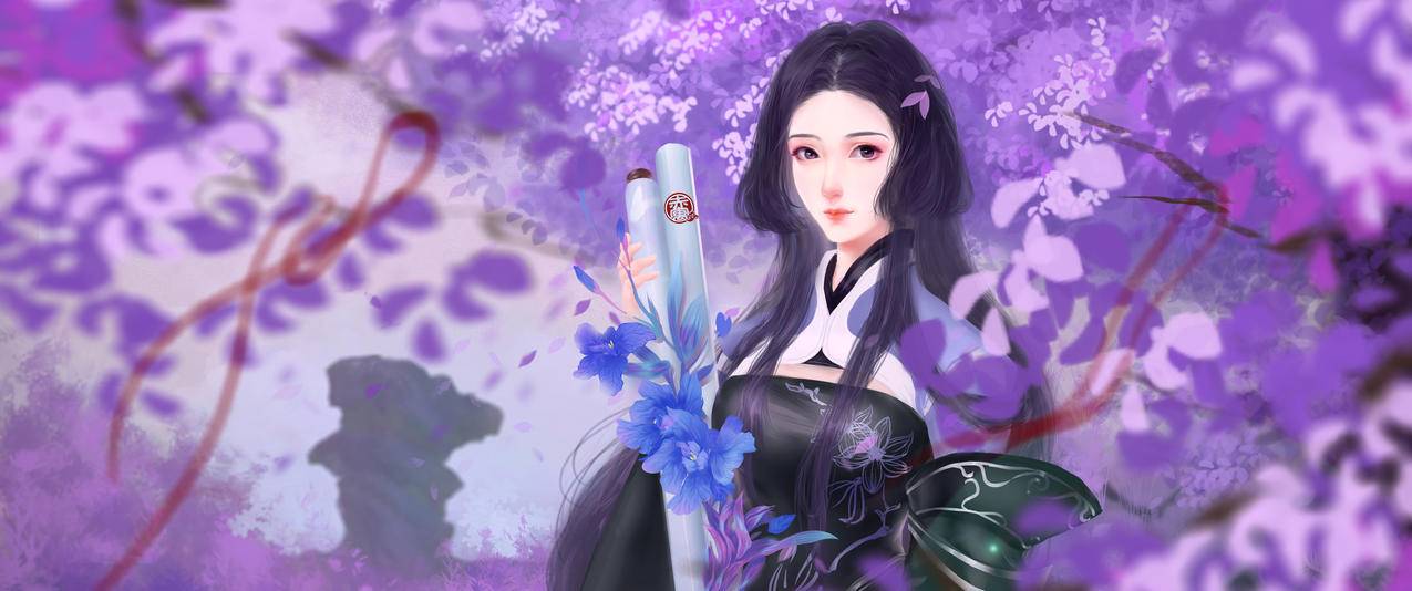 万花古风女子带鱼屏高清壁纸